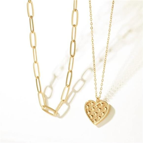 Heart Necklace Pendant Handmade 18k Gold Plated Dainty Gold Layering Long Women - Picture 5 of 8